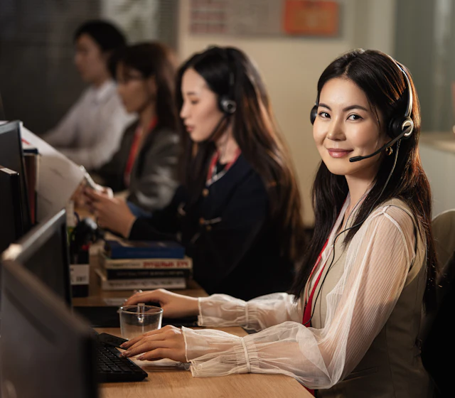 Femme souriante portant un casque devant un ordinateur